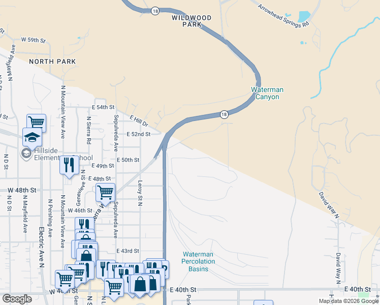 map of restaurants, bars, coffee shops, grocery stores, and more near 425 Arrowhead Road in San Bernardino