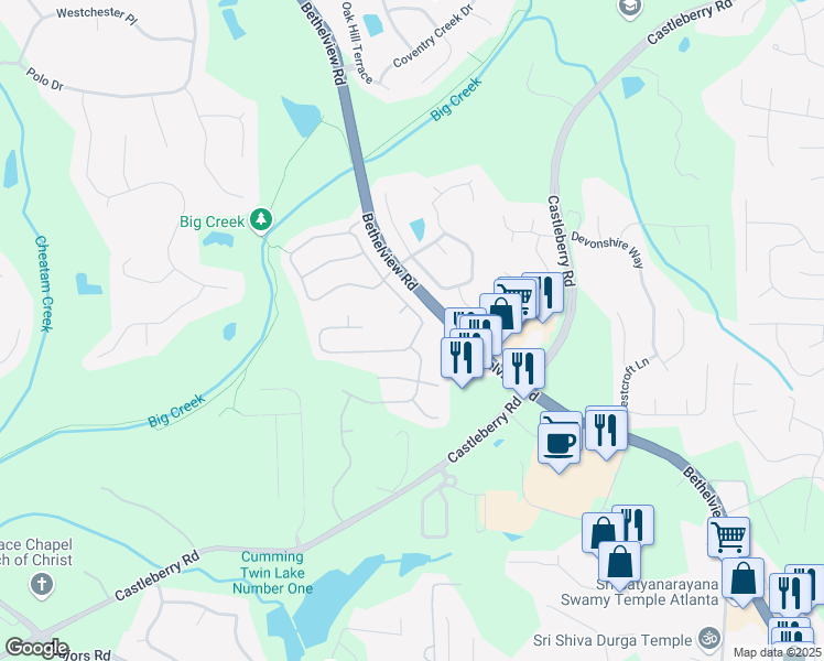 map of restaurants, bars, coffee shops, grocery stores, and more near 5620 Falls Landing Drive in Cumming