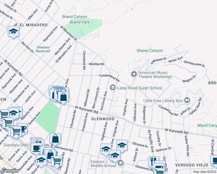 map of restaurants, bars, coffee shops, grocery stores, and more near 1640 Ard Eevin Avenue in Glendale