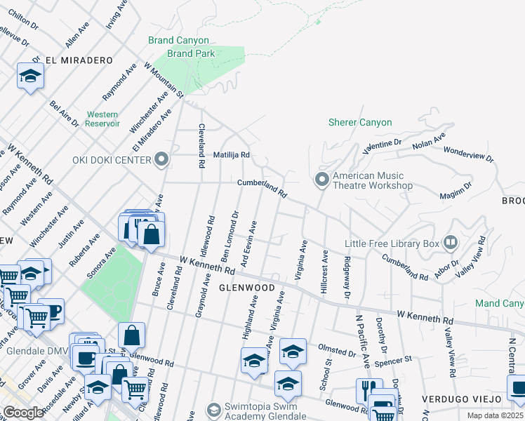 map of restaurants, bars, coffee shops, grocery stores, and more near 1640 Ard Eevin Avenue in Glendale