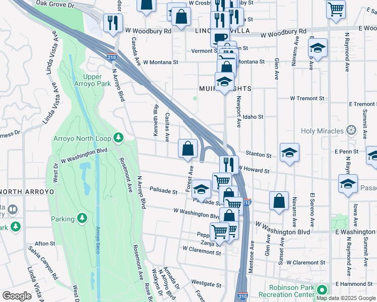 map of restaurants, bars, coffee shops, grocery stores, and more near 1620 Forest Avenue in Pasadena