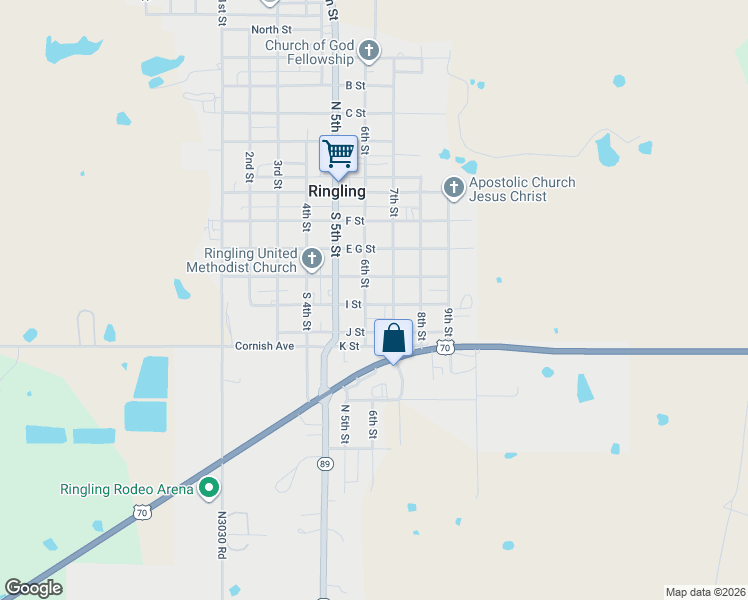 map of restaurants, bars, coffee shops, grocery stores, and more near 206 West I Street in Ringling