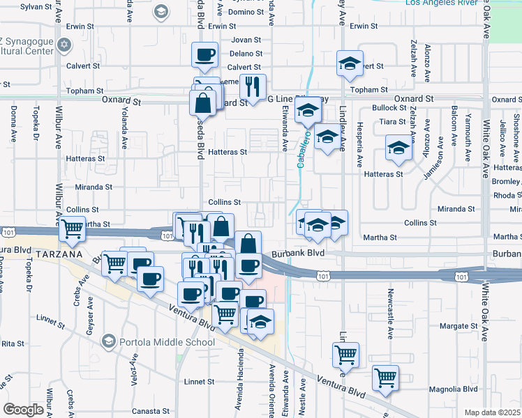 map of restaurants, bars, coffee shops, grocery stores, and more near 18366 Collins Street in Los Angeles