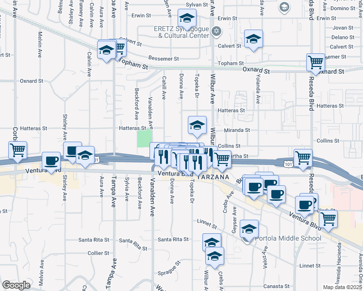 map of restaurants, bars, coffee shops, grocery stores, and more near 5702 Donna Avenue in Los Angeles