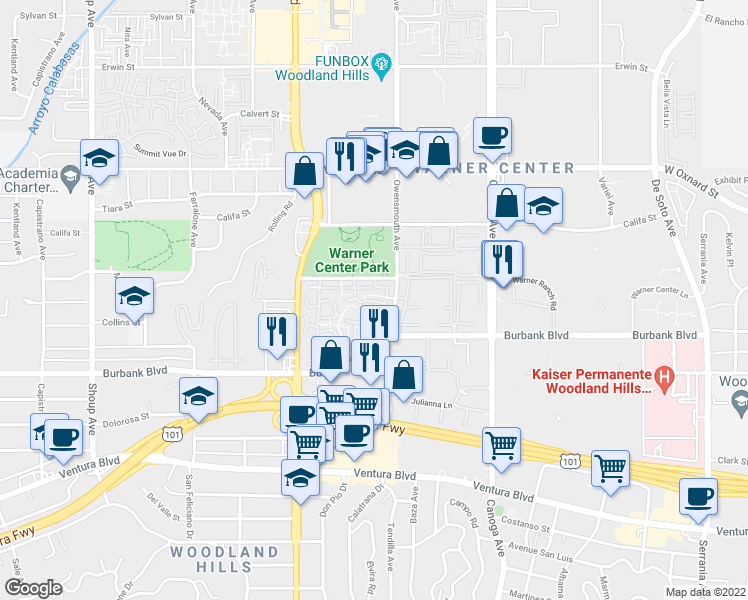 map of restaurants, bars, coffee shops, grocery stores, and more near 5 Owensmouth Avenue in Los Angeles