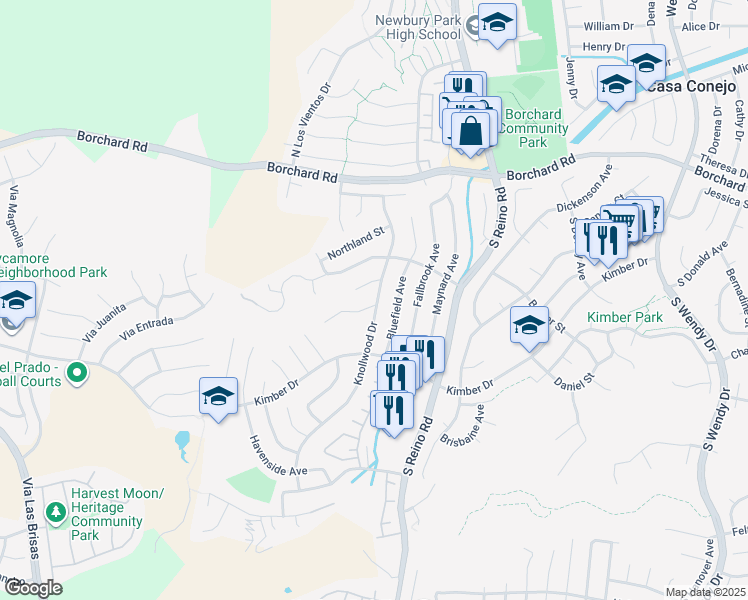 map of restaurants, bars, coffee shops, grocery stores, and more near 3857 Crownhaven Court in Thousand Oaks