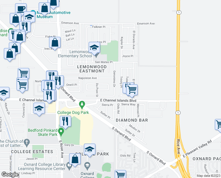 map of restaurants, bars, coffee shops, grocery stores, and more near 2640 Farragut Drive in Oxnard