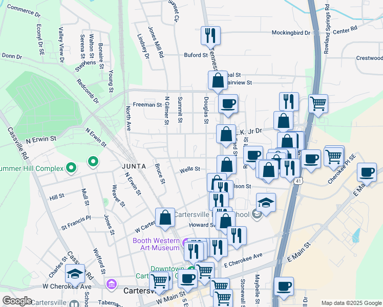 map of restaurants, bars, coffee shops, grocery stores, and more near 4 Johnson Cove in Cartersville