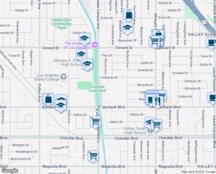 map of restaurants, bars, coffee shops, grocery stores, and more near 12831 Waddell Street in Los Angeles