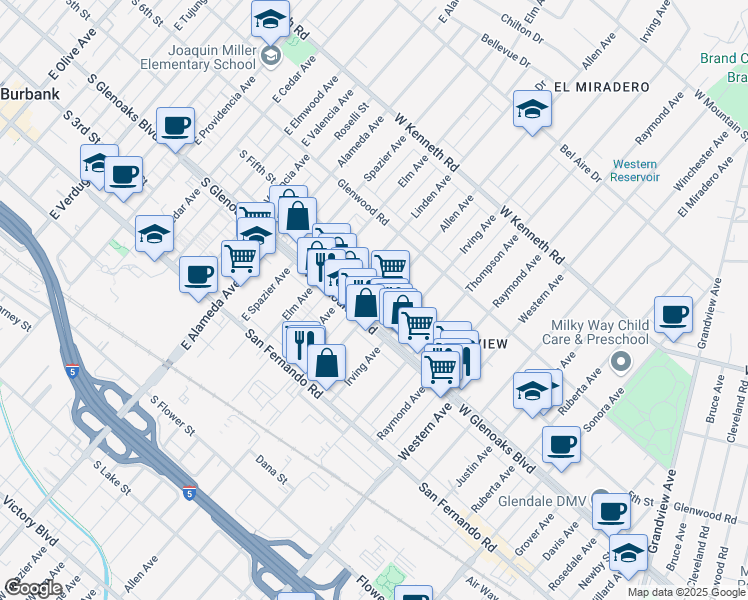 map of restaurants, bars, coffee shops, grocery stores, and more near 1117 Allen Avenue in Glendale