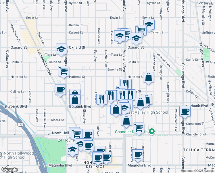 map of restaurants, bars, coffee shops, grocery stores, and more near 5722 Fulcher Avenue in Los Angeles