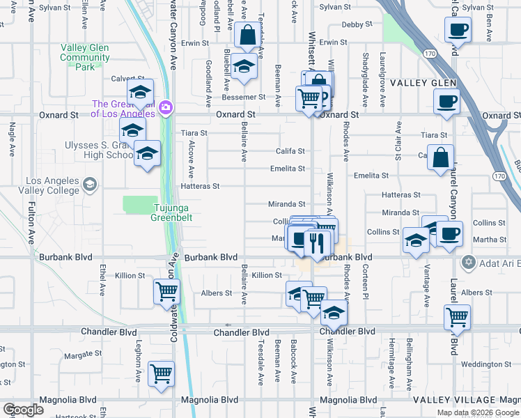 map of restaurants, bars, coffee shops, grocery stores, and more near 12630 Miranda Street in Los Angeles