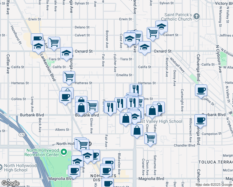 map of restaurants, bars, coffee shops, grocery stores, and more near 5722 Fulcher Avenue in Los Angeles