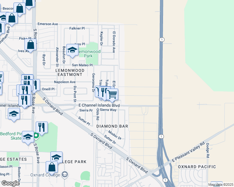 map of restaurants, bars, coffee shops, grocery stores, and more near 2630 El Dorado Avenue in Oxnard