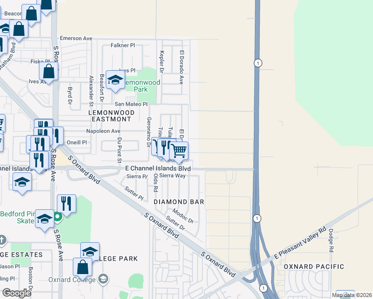 map of restaurants, bars, coffee shops, grocery stores, and more near 2630 El Dorado Avenue in Oxnard