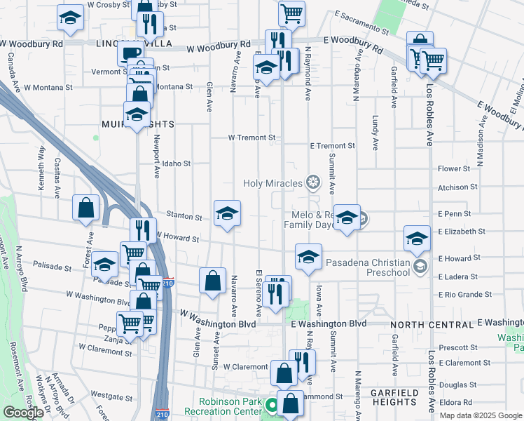 map of restaurants, bars, coffee shops, grocery stores, and more near 1664 El Sereno Avenue in Pasadena