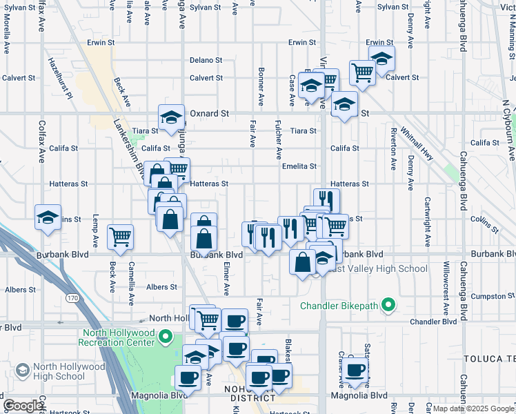 map of restaurants, bars, coffee shops, grocery stores, and more near 5724 Fair Avenue in Los Angeles