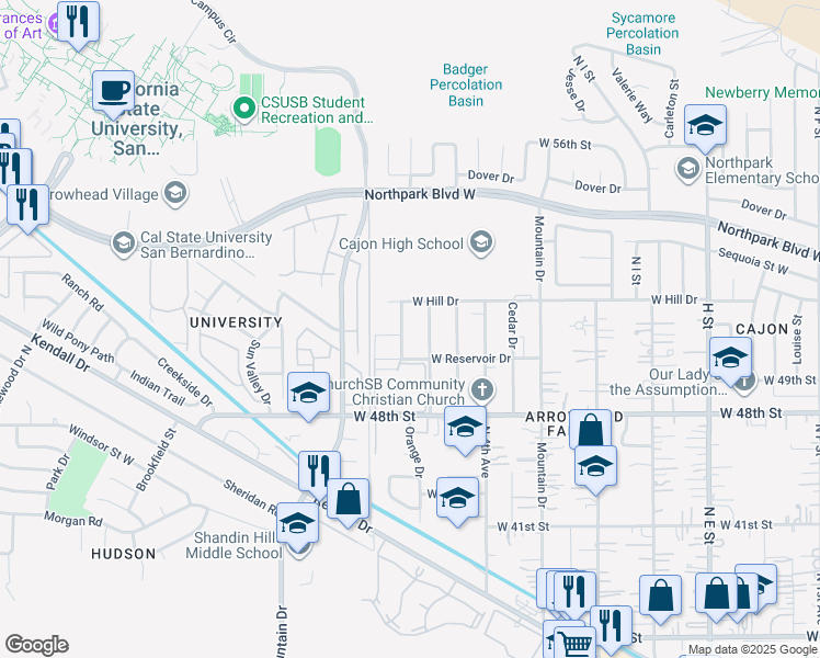 map of restaurants, bars, coffee shops, grocery stores, and more near 5093 Orange Drive in San Bernardino