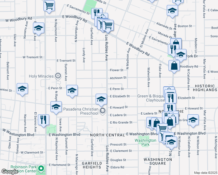 map of restaurants, bars, coffee shops, grocery stores, and more near 1672 North Los Robles Avenue in Pasadena