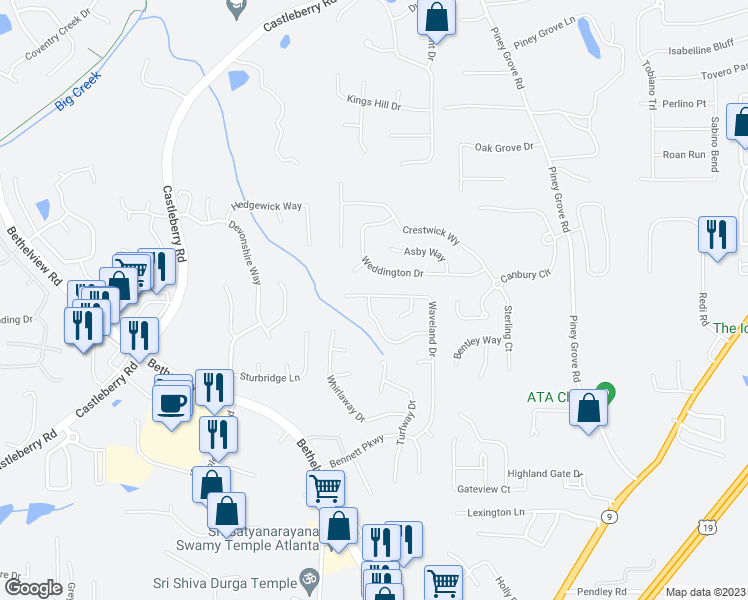 map of restaurants, bars, coffee shops, grocery stores, and more near 6700 Cold Stream Drive in Cumming