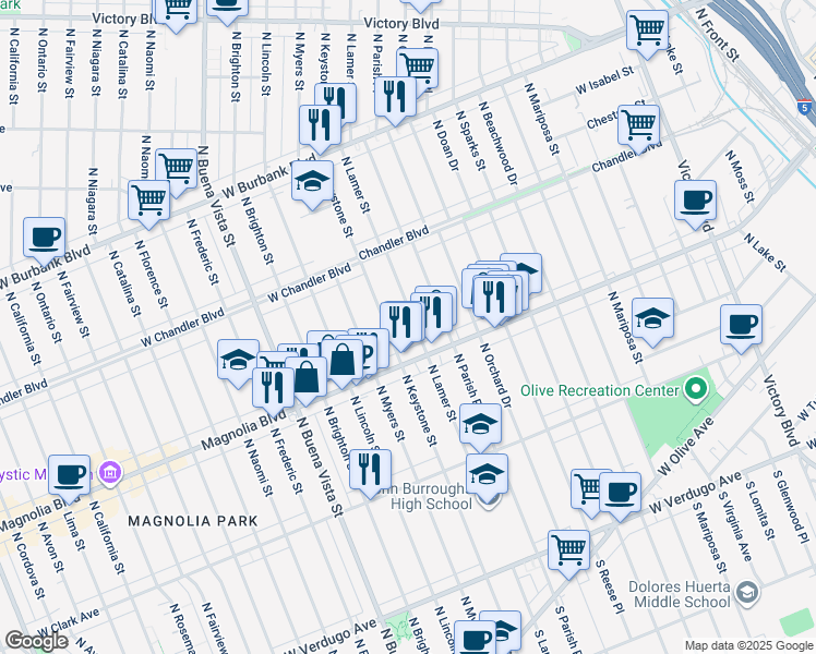 map of restaurants, bars, coffee shops, grocery stores, and more near 627 N Lamer St in Burbank