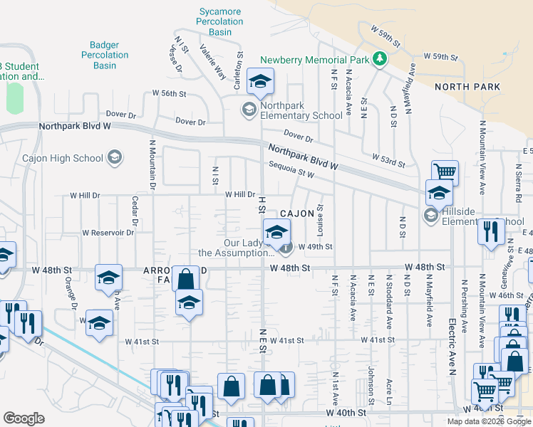 map of restaurants, bars, coffee shops, grocery stores, and more near 5094 North Crescent Street in San Bernardino