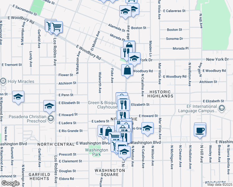 map of restaurants, bars, coffee shops, grocery stores, and more near 1665 Fiske Avenue in Pasadena