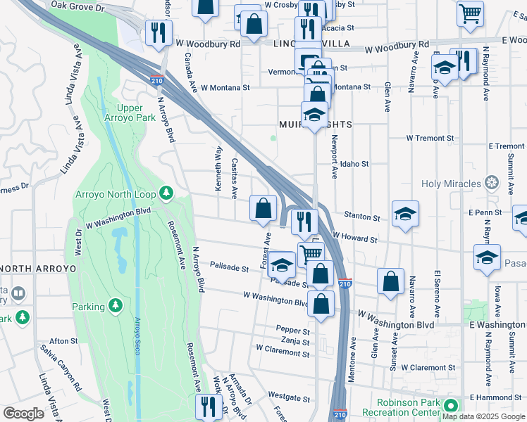 map of restaurants, bars, coffee shops, grocery stores, and more near 1620 Forest Avenue in Pasadena