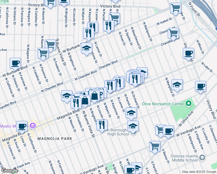 map of restaurants, bars, coffee shops, grocery stores, and more near 627 North Lamer Street in Burbank