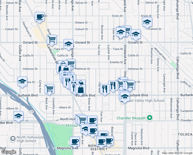 map of restaurants, bars, coffee shops, grocery stores, and more near 5719 Klump Avenue in Los Angeles