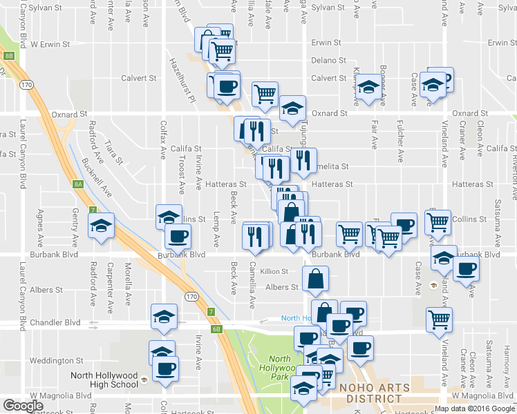 map of restaurants, bars, coffee shops, grocery stores, and more near 11475 Collins Street in Los Angeles