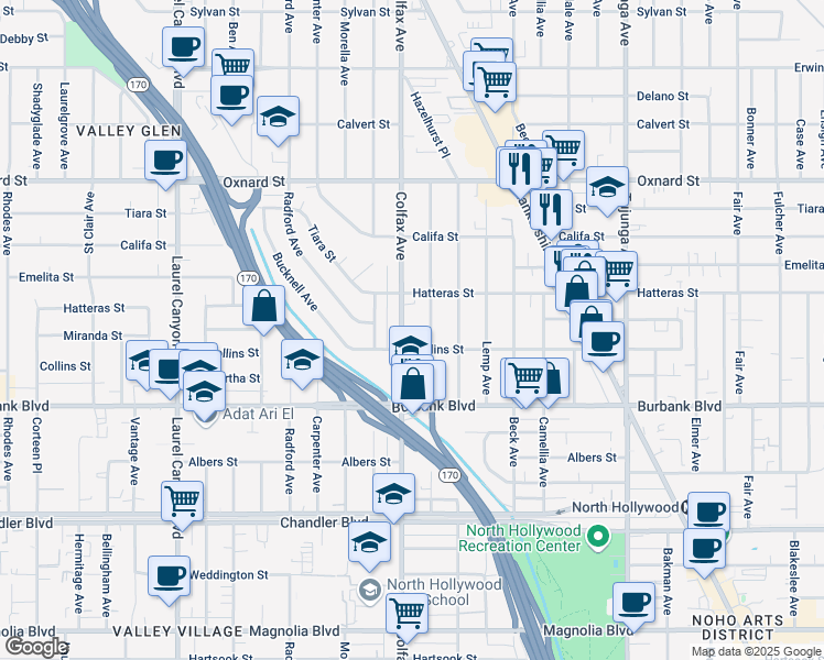 map of restaurants, bars, coffee shops, grocery stores, and more near 5720 Colfax Avenue in Los Angeles