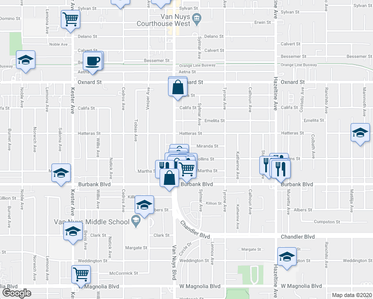 map of restaurants, bars, coffee shops, grocery stores, and more near 5719 Tilden Avenue in Los Angeles