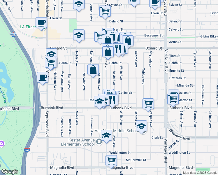 map of restaurants, bars, coffee shops, grocery stores, and more near 5715 Bevis Avenue in Los Angeles