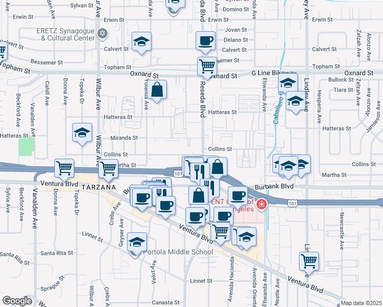 map of restaurants, bars, coffee shops, grocery stores, and more near 18540 Collins Street in Los Angeles