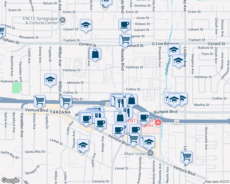 map of restaurants, bars, coffee shops, grocery stores, and more near 18540 Collins Street in Los Angeles