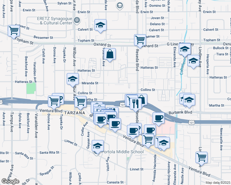 map of restaurants, bars, coffee shops, grocery stores, and more near 18618 Collins Street in Los Angeles
