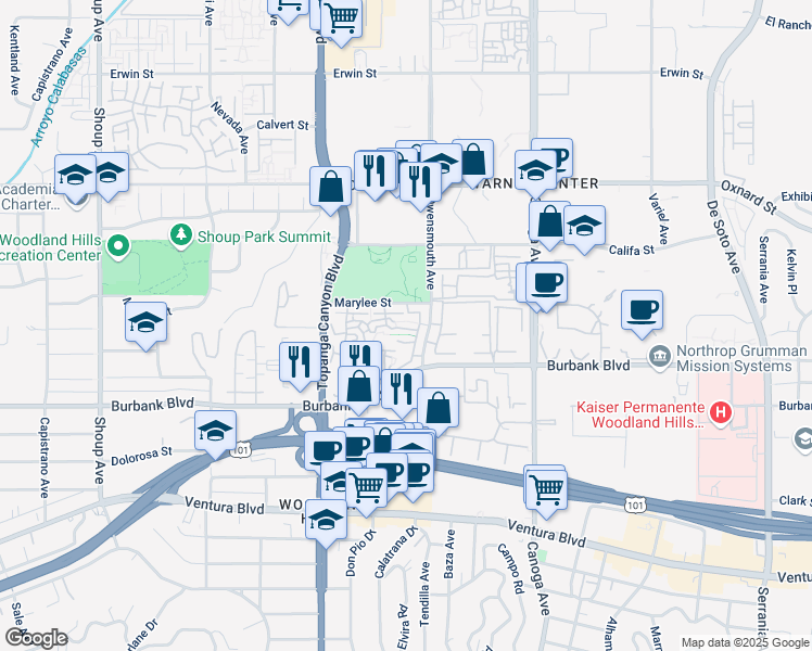 map of restaurants, bars, coffee shops, grocery stores, and more near 5 Owensmouth Avenue in Los Angeles