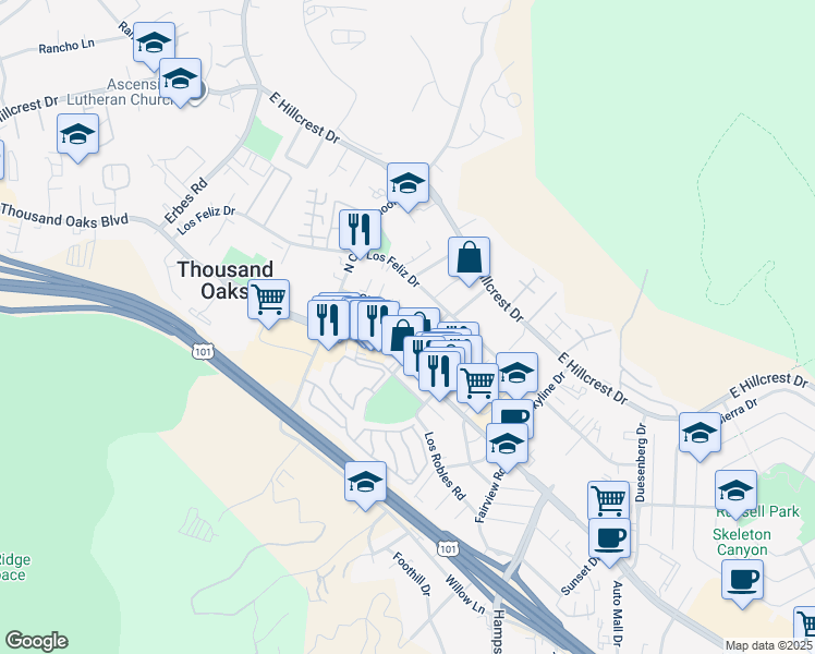 map of restaurants, bars, coffee shops, grocery stores, and more near 2450 Chiquita Lane in Thousand Oaks