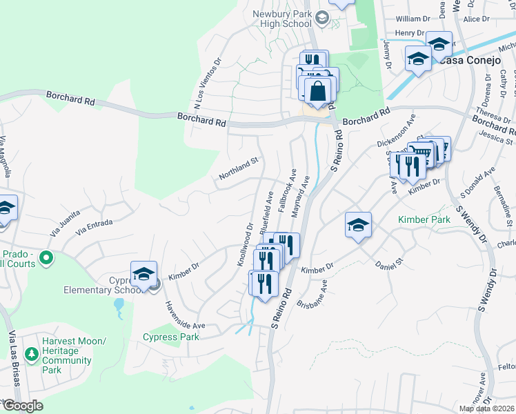 map of restaurants, bars, coffee shops, grocery stores, and more near 3857 Crownhaven Court in Thousand Oaks