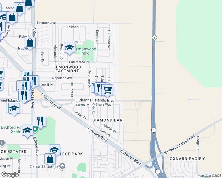map of restaurants, bars, coffee shops, grocery stores, and more near 2700 El Dorado Avenue in Oxnard