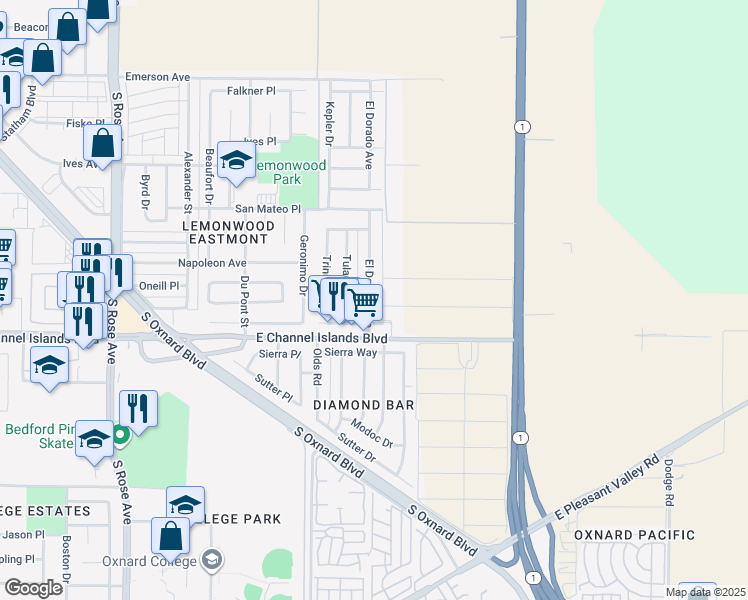 map of restaurants, bars, coffee shops, grocery stores, and more near 2700 Tulare Place in Oxnard