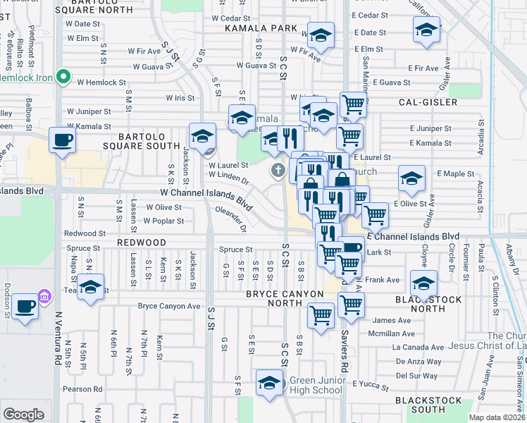 map of restaurants, bars, coffee shops, grocery stores, and more near 505 West Channel Islands Boulevard in Oxnard