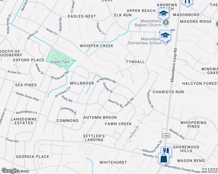 map of restaurants, bars, coffee shops, grocery stores, and more near 202 Disney Drive in Wilmington