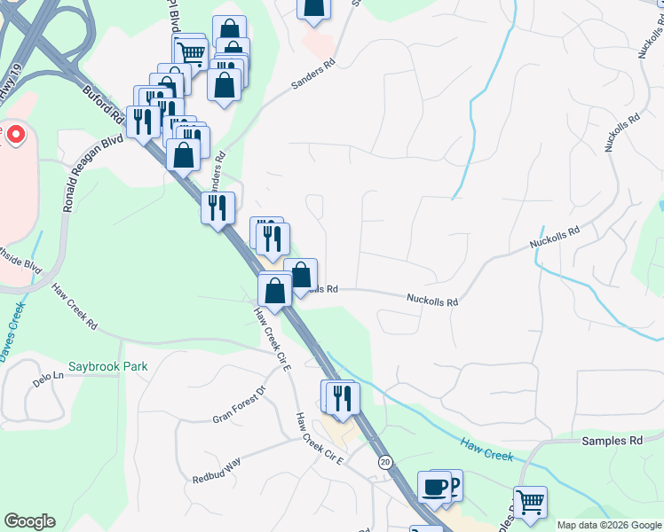 map of restaurants, bars, coffee shops, grocery stores, and more near 2695 Middle Creek Way in Cumming
