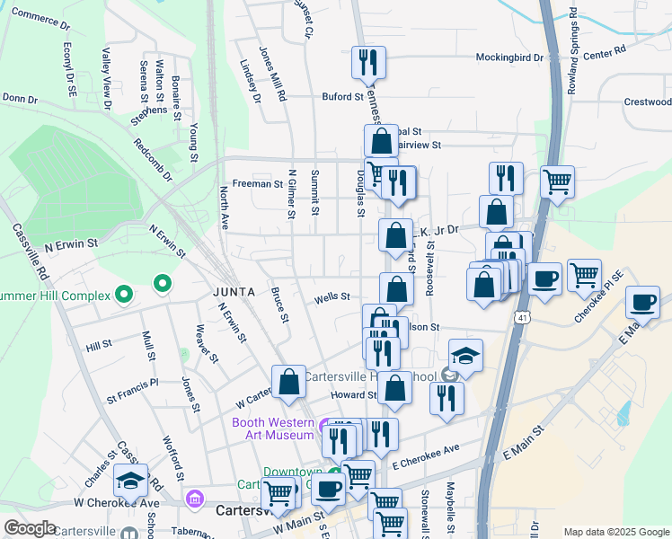 map of restaurants, bars, coffee shops, grocery stores, and more near 4 Johnson Cove in Cartersville