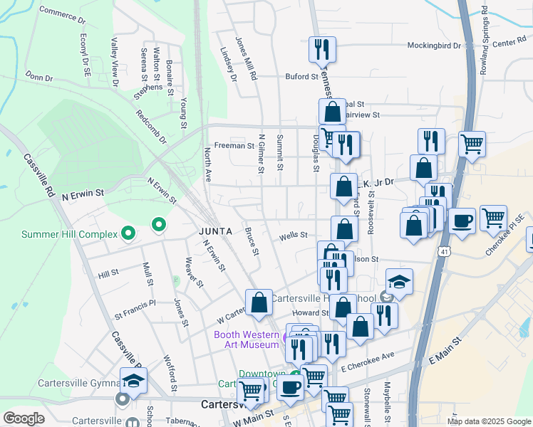 map of restaurants, bars, coffee shops, grocery stores, and more near 403 North Gilmer Street in Cartersville