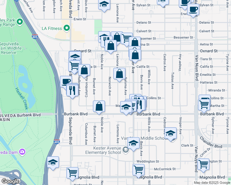 map of restaurants, bars, coffee shops, grocery stores, and more near 5721 Lemona Avenue in Los Angeles
