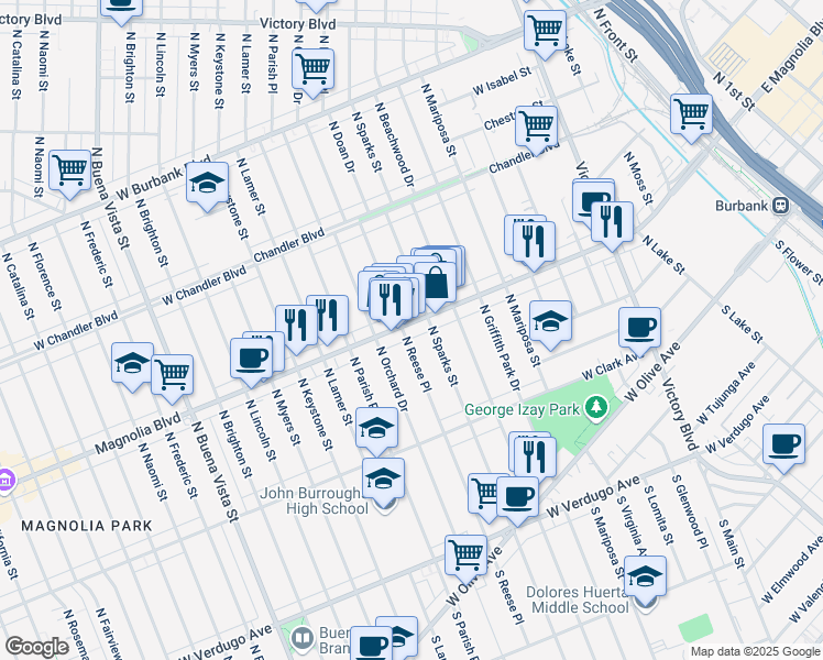 map of restaurants, bars, coffee shops, grocery stores, and more near in Burbank