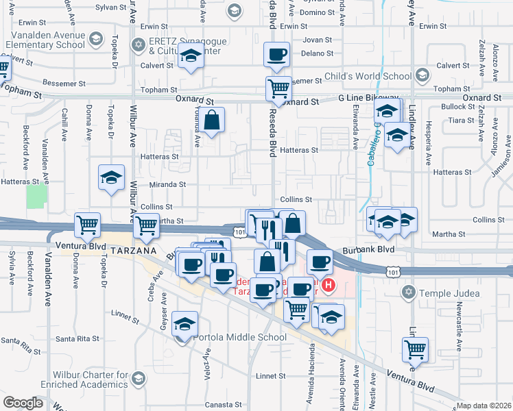 map of restaurants, bars, coffee shops, grocery stores, and more near 18540 Collins Street in Los Angeles